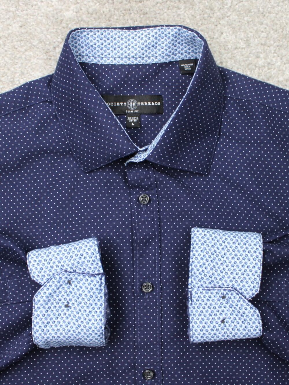Society of Threads Shirt Mens Large 16-16 1/2,34/35 Blue Slim Fit Flip Cuff L/S